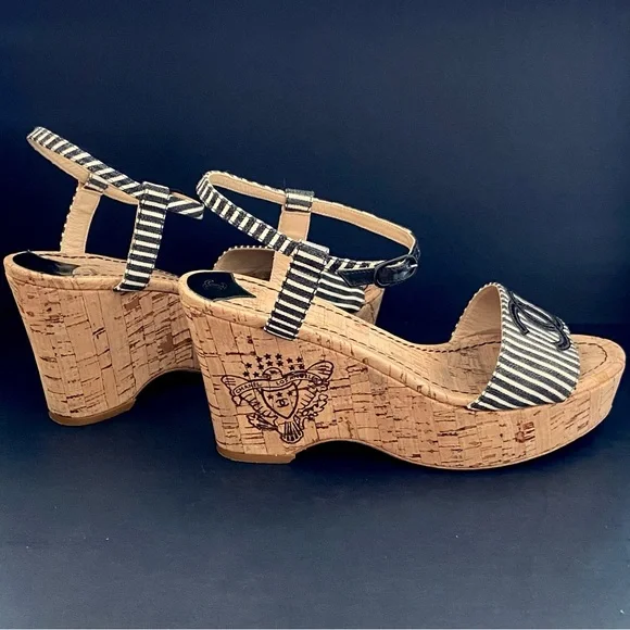 CHANEL Vintage Authentic Striped Fabric Platform Wedge Sandals w/ Cork Sole - Picture 5 of 15